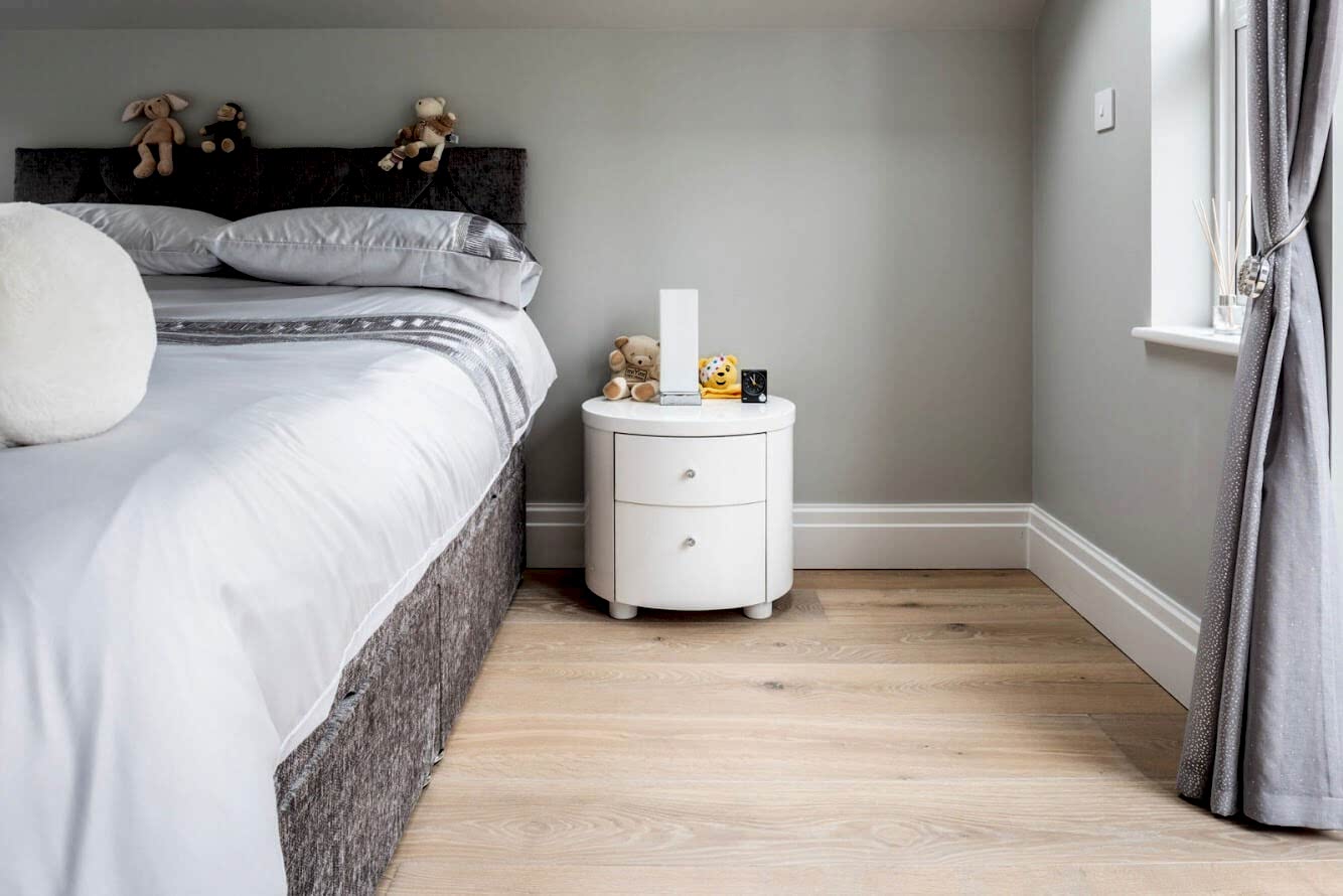 bedroom wood flooring and side table