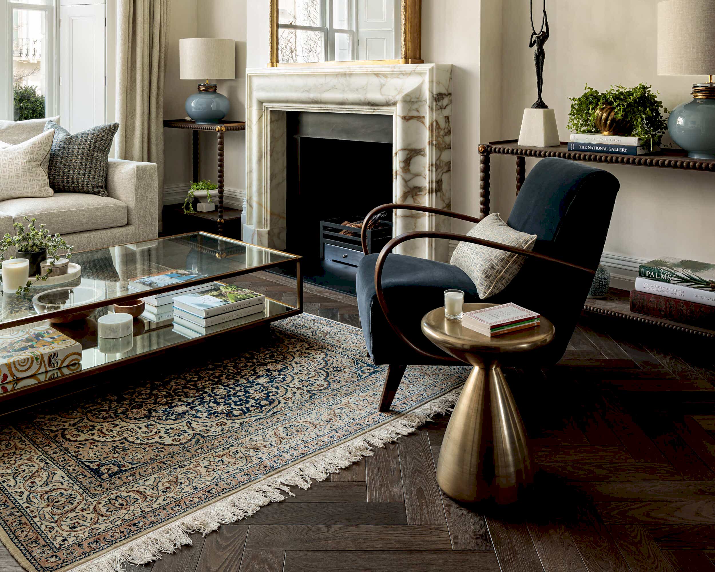 Living Room with Brown Herringbone Flooring