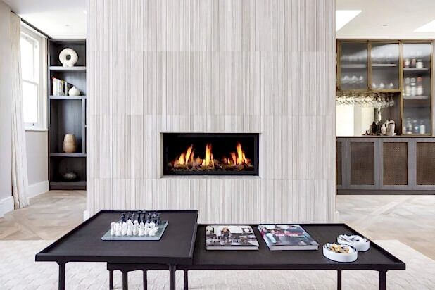 Modern lounge with fireplace and coffee table