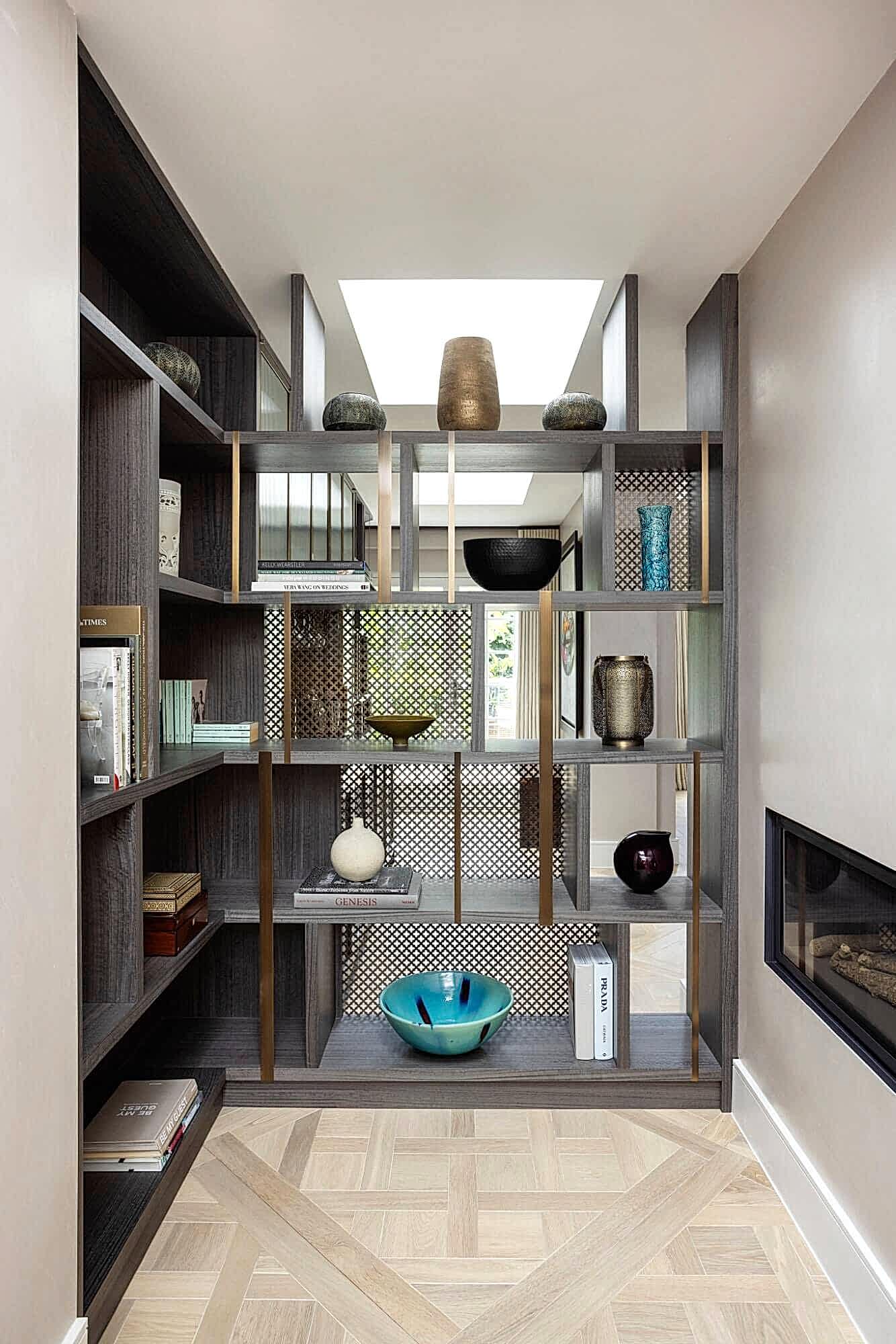 Modern shelving unit with decor and Versailles panel flooring