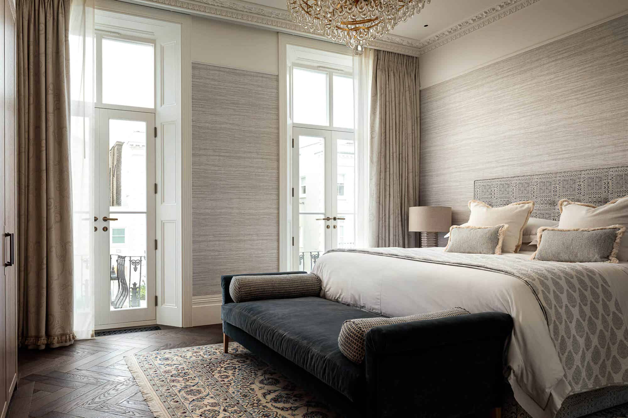 Bedroom with Engineered Dark Herringbone Flooring